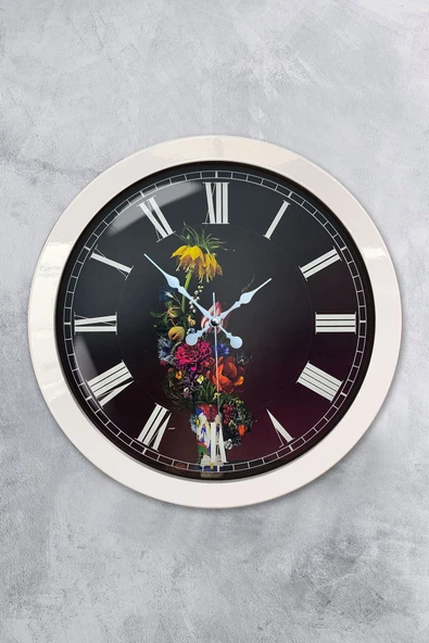 Kasva Concept Hediyelik 36 Cm Beyaz Metal Vazolu Çiçek Duvar Saati