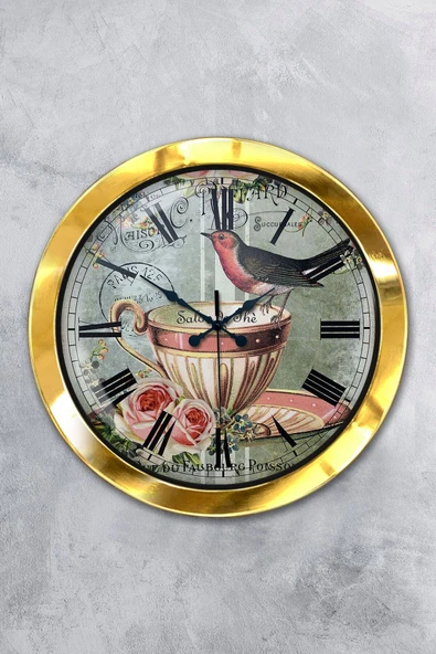 Kasva Concept Hediyelik 36 Cm Gold Metal Kuşlu Duvar Saati