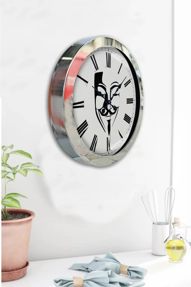 Kasva Concept Hediyelik 36 Cm Krom Metal Maske Duvar Saati - 4