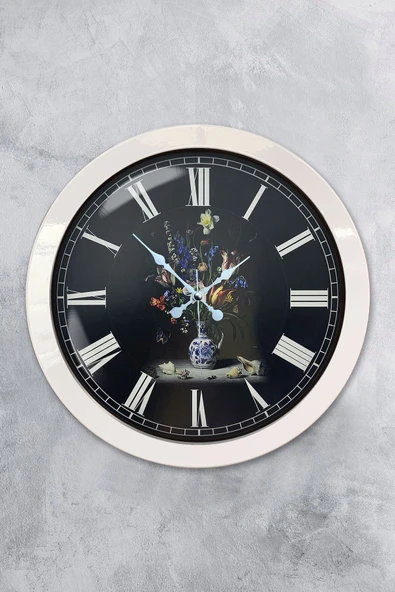 Kasva Concept Hediyelik 36 Cm Beyaz Metal Vazolu Çiçek Duvar Saati