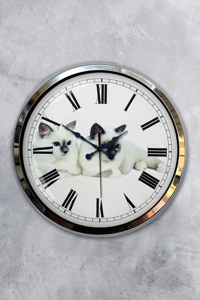 Kasva Concept Hediyelik 40 Cm Krom Metal Kedi Duvar Saati