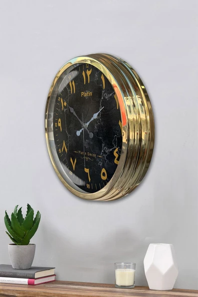 Kasva Concept Hediyelik Dekoratif Hediyelik 40 Cm Gold Metal Mermer Desen Arapça Duvar Saati - 3
