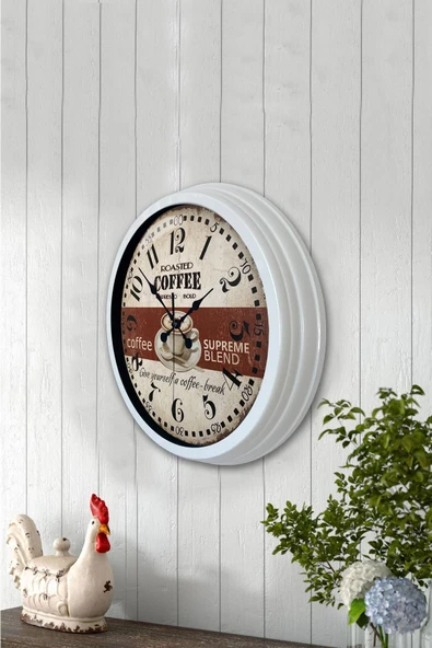 Kasva Concept Hediyelik 40 Cm Beyaz Metal Espresso Duvar Saati - 3