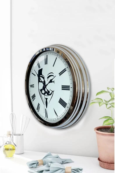 Kasva Concept Hediyelik 40 Cm Krom Metal Maske Duvar Saati - 3