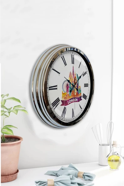 Kasva Concept Hediyelik Dekoratif 40 Cm Krom Metal Brussels Temalı Duvar Saati - 4