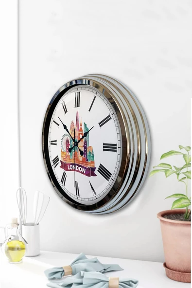 Kasva Concept Hediyelik Dekoratif 40 Cm Krom Metal Brussels Temalı Duvar Saati - 3