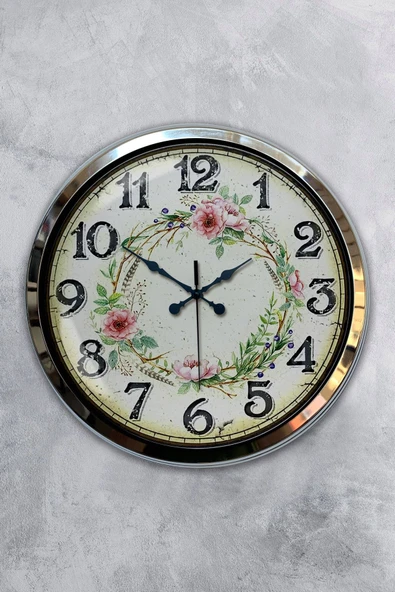 Kasva Concept Hediyelik Dekoratif 40 Cm Krom Metal Çiçek Tacı Duvar Saati