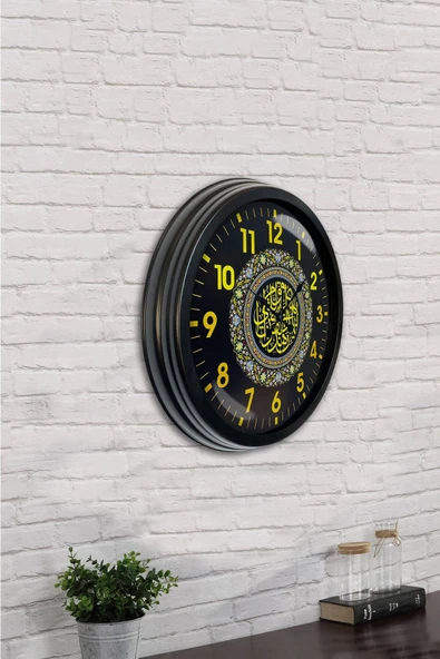 Platin Saat Hediyelik 40 Cm Siyah Metal Ayetli Duvar Saati - 4