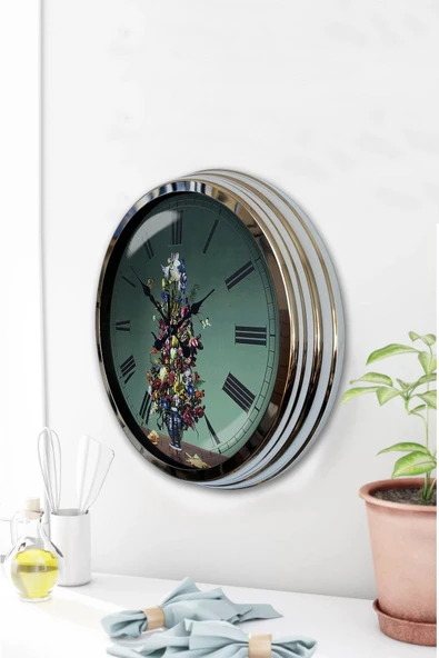Kasva Concept Hediyelik Dekoratif 40 Cm Krom Metal Vazolu Çiçek Duvar Saati - 3