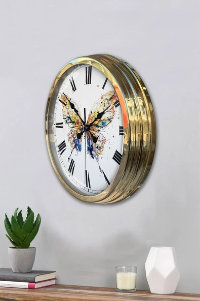 Platin Saat Hediyelik 40 Cm Gold Metal Kelebek Duvar Saati - 3