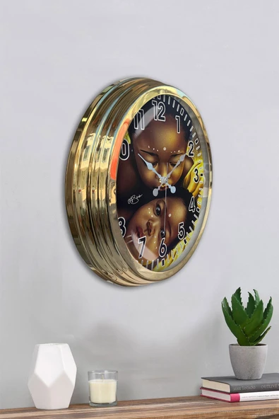 Platin Saat 40 Cm Gold Metal Afrikalı Çocuk Duvar Saati - 4