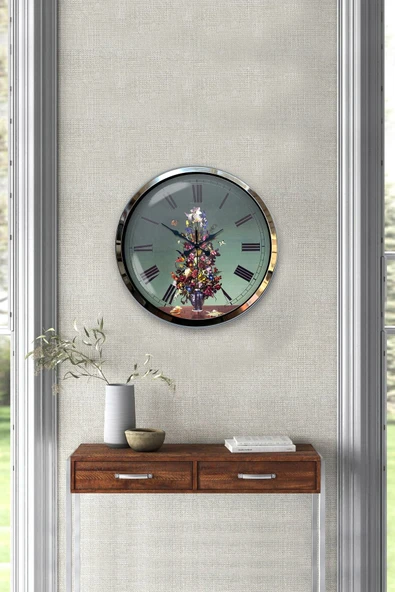 Kasva Concept Hediyelik Dekoratif 40 Cm Krom Metal Vazolu Çiçek Duvar Saati - 4