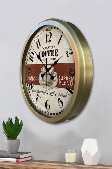 Platin Saat Hediyelik 36 Cm Eskitme Metal Espresso Duvar Saati - 3