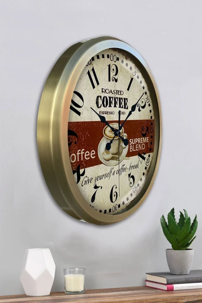 Platin Saat Hediyelik 36 Cm Eskitme Metal Espresso Duvar Saati - 4