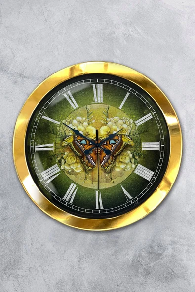 Platin Saat Hediyelik 36 Cm Gold Metal Kelebek Duvar Saati
