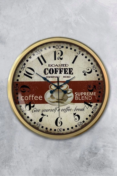 Platin Saat Hediyelik 36 Cm Eskitme Metal Espresso Duvar Saati