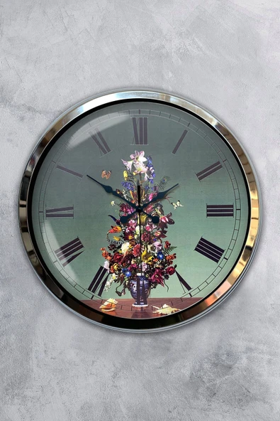 Kasva Concept Hediyelik Dekoratif 40 Cm Krom Metal Vazolu Çiçek Duvar Saati
