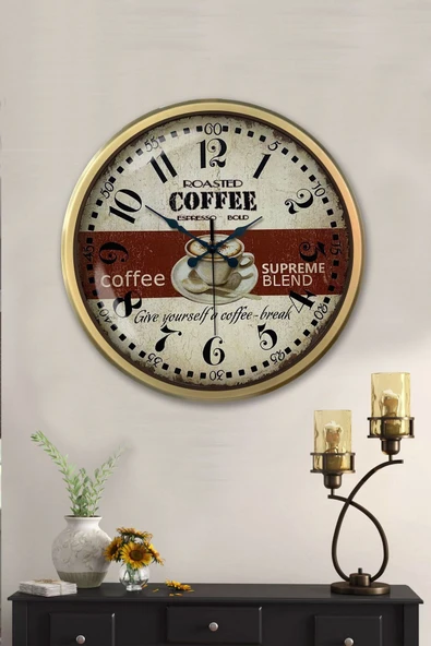 Platin Saat Hediyelik 36 Cm Eskitme Metal Espresso Duvar Saati - 2