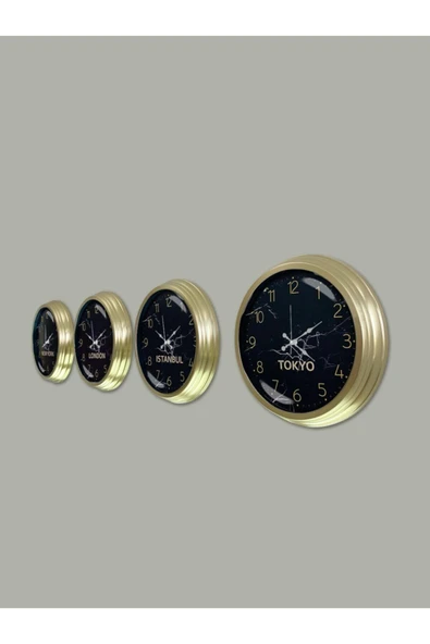 Platin Saat 40 Cm Prinç Metal Siyah Kadran 4 Adet Set Otel Dünya Saati - 2