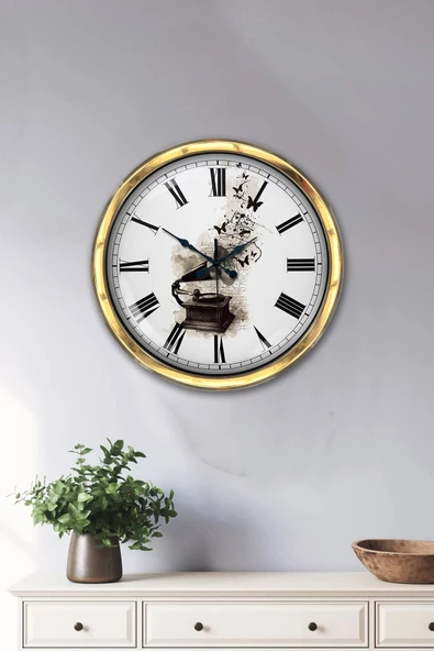 Platin Saat Hediyelik 40 Cm Gold Metal Müzik Duvar Saati - 2
