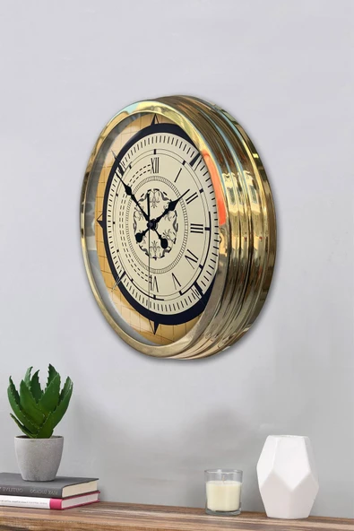 Platin Saat Hediyelik 40 Cm Gold Metal Pusula Duvar Saati - 3