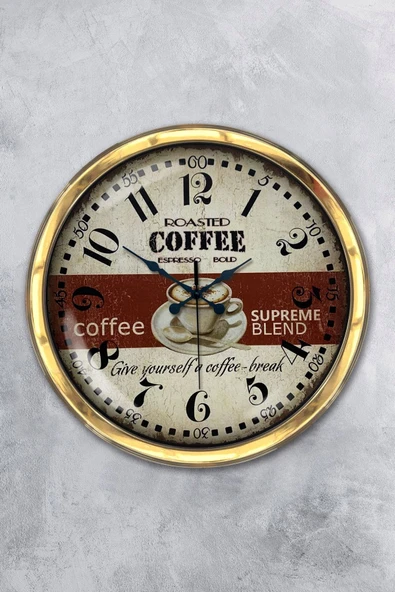 Platin Saat Hediyelik 40 Cm Gold Metal Espresso Duvar Saati
