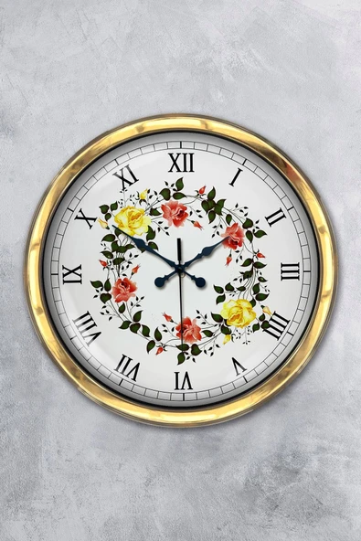Platin Saat Hediyelik 40 Cm Gold Metal Çiçek Duvar Saati