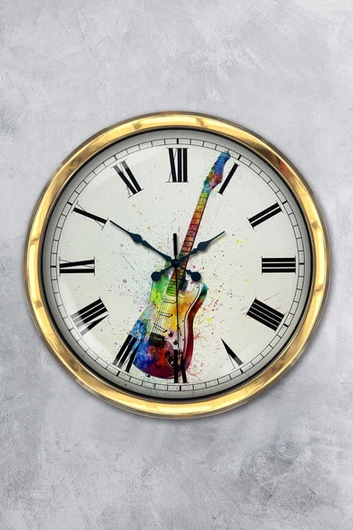 Platin Saat Hediyelik 40 Cm Gold Metal Gitar Duvar Saati Clock