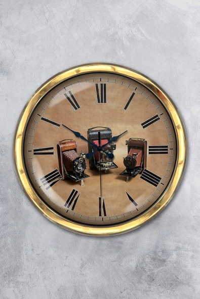 Platin Saat 40 Cm Gold Metal Fotoğraf Makinası Duvar Saati