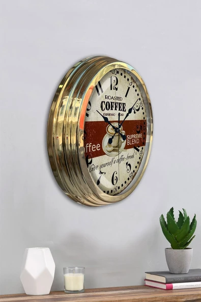 Platin Saat Hediyelik 40 Cm Gold Metal Espresso Duvar Saati - 4
