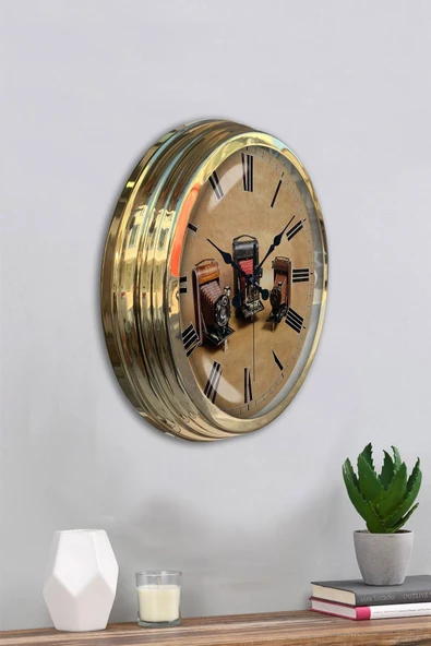 Platin Saat 40 Cm Gold Metal Fotoğraf Makinası Duvar Saati - 4