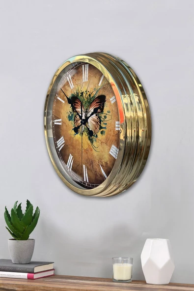 Platin Saat Hediyelik 40 Cm Gold Metal Butterfly Duvar Saati - 3