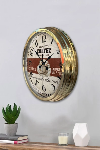 Platin Saat Hediyelik 40 Cm Gold Metal Espresso Duvar Saati - 3