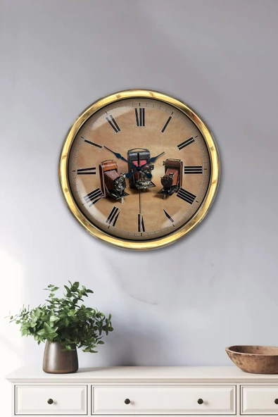 Platin Saat 40 Cm Gold Metal Fotoğraf Makinası Duvar Saati - 2