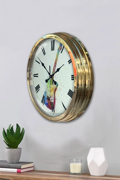 Platin Saat Hediyelik 40 Cm Gold Metal Gitar Duvar Saati Clock - 3