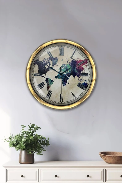 Platin Saat 40 Cm Gold Metal Dünya Haritası Duvar Saati - 2
