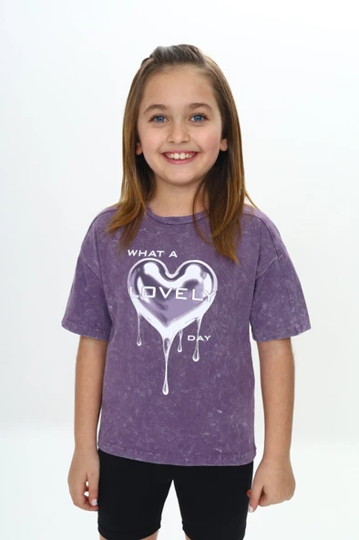 Toontoy Kız Çocuk Yıkamalı Kalp Baskılı Tişört - Resim 13