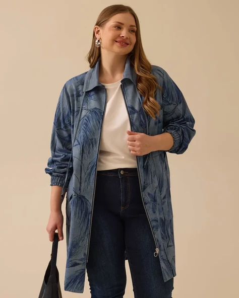 Kadın Büyük Beden Desenli Cepli Kap Ceket Gala-Xi 10002512514010