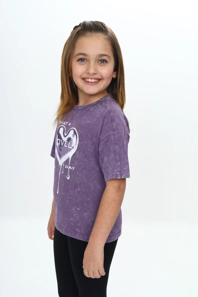 Toontoy Kız Çocuk Yıkamalı Kalp Baskılı Tişört - Resim 3