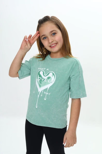 Toontoy Kız Çocuk Yıkamalı Kalp Baskılı Tişört - Resim 12