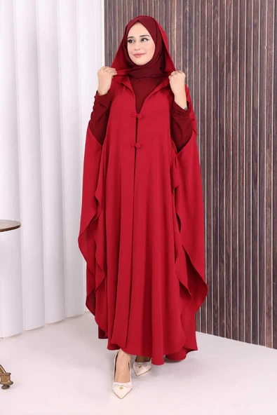 Kapüşonlu Ayrobin Pelerin 70021 Bordo - Resim 2