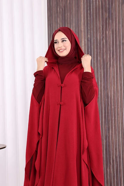 Kapüşonlu Ayrobin Pelerin 70021 Bordo - Resim 5