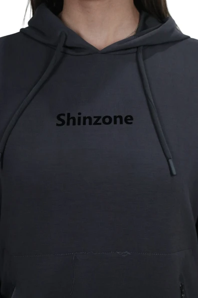 Kadın Yumuşak Dokulu Modal Kumaş Fermuar Cep Detaylı Rahat Kalıp Antrasit Kapüşonlu Sweatshirt - 5