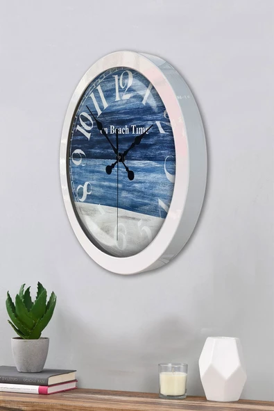 Platin Saat 36 Cm Beyaz Metal Beach Time Duvar Saati - 3