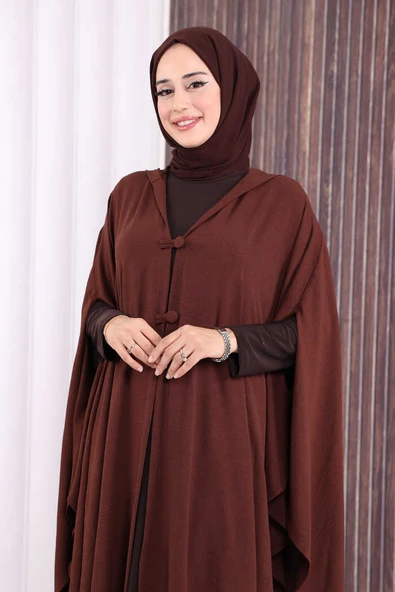 Kapüşonlu Ayrobin Pelerin 70021 Kahverengi - Resim 4