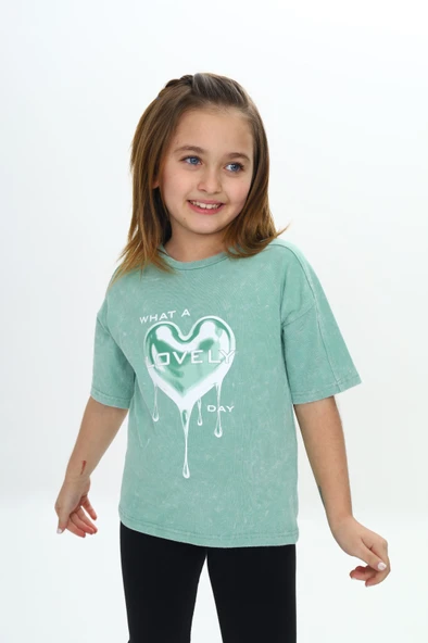 Toontoy Kız Çocuk Yıkamalı Kalp Baskılı Tişört - Resim 11