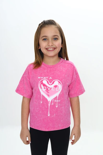 Toontoy Kız Çocuk Yıkamalı Kalp Baskılı Tişört - Resim 6