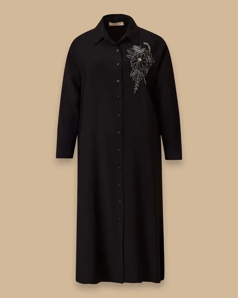 Büyük Beden Nakış Detaylı Düğmeli Elbise Gala-Xi - 4