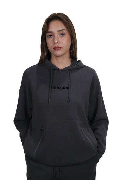 Kadın Yumuşak Dokulu Modal Kumaş Fermuar Cep Detaylı Rahat Kalıp Antrasit Kapüşonlu Sweatshirt