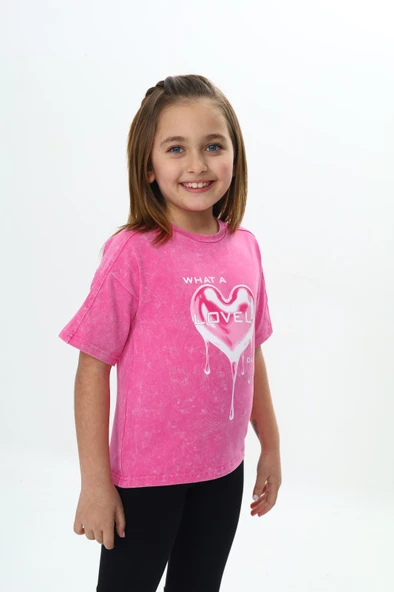 Toontoy Kız Çocuk Yıkamalı Kalp Baskılı Tişört - Resim 20